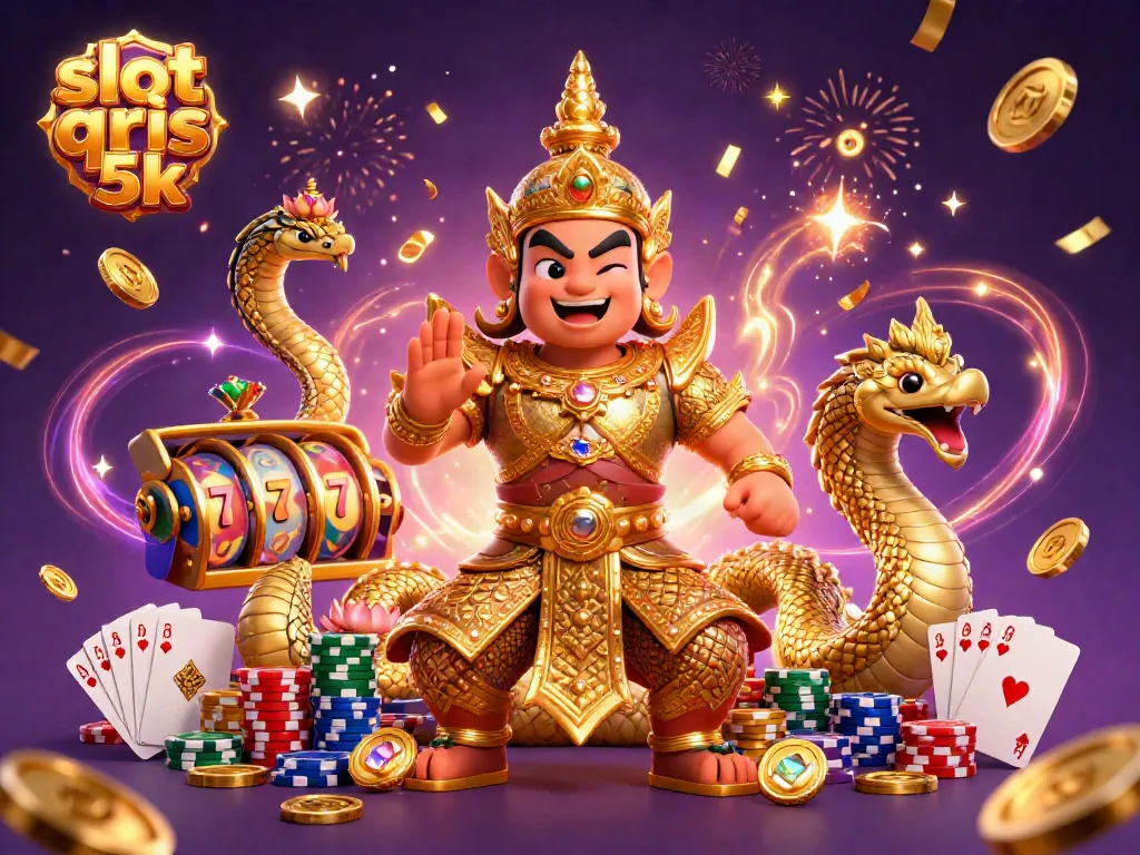 Experience thrilling gameplay with slot qris 5k, featuring vibrant characters, slot machine reels, and dynamic casino elements.