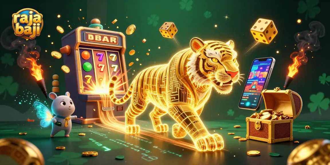Engage in raja baji excitement with a neon-wireframe golden tiger and dynamic casino elements.