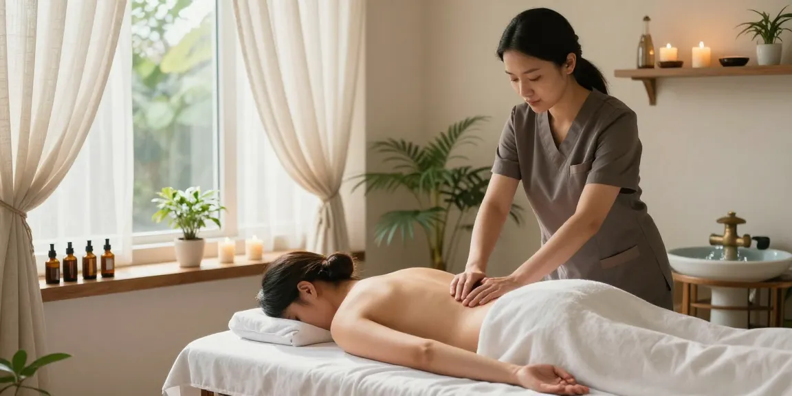 마사지 치료 중 편안한 고객과 아로마 오일, 따뜻한 분위기의 스파 모습
