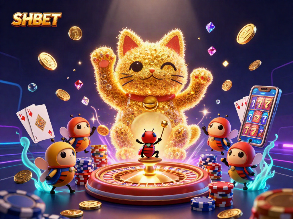 SHBET's vibrant lucky cat scene with dynamic casino symbols and colorful poker elements.