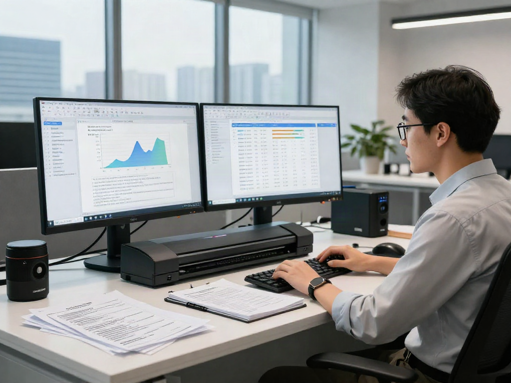 Document fraud detection in a modern workspace with a data analyst reviewing documents and software analysis.