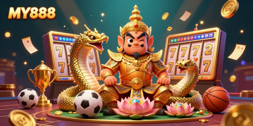 Experience MY888’s vibrant gaming world with a 3D guardian amid casino elements and sports action.