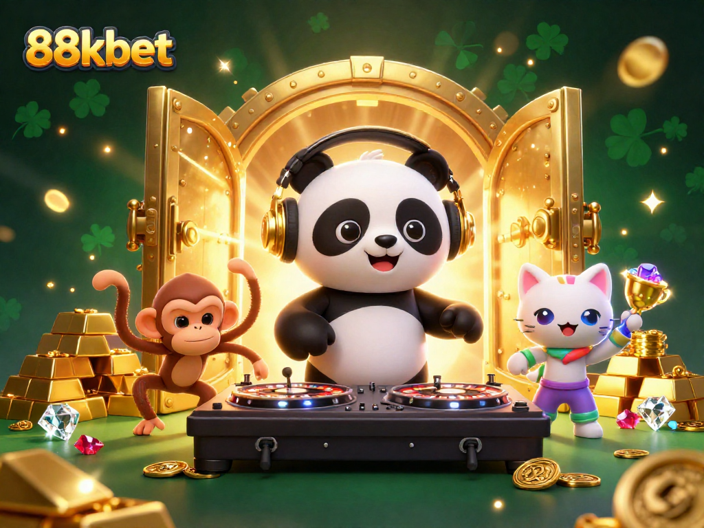 Experience vibrant casino action with 88kbet, featuring animated characters celebrating wins among jewels and treasures.
