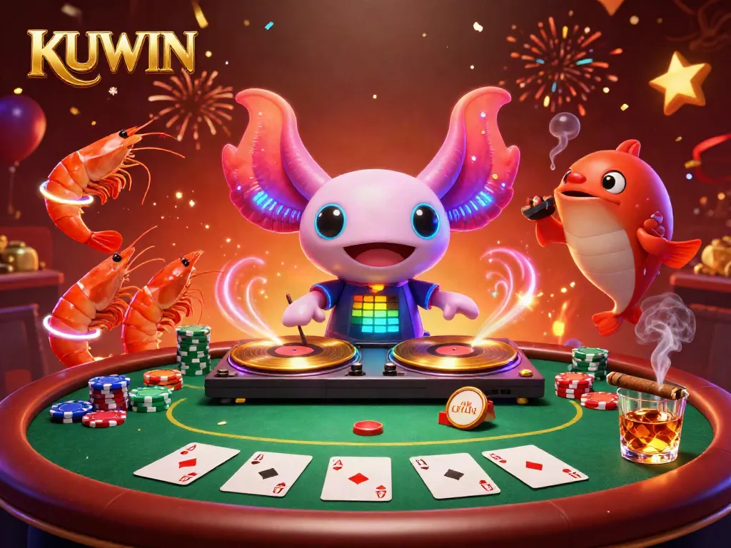 Experience the vibrant energy of KUWIN with a neon axolotl DJ and shimmering casino elements.
