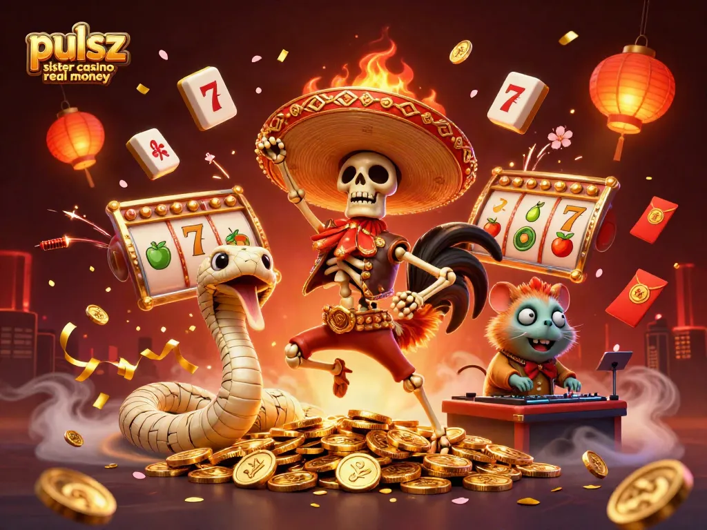 Pulsz sister casino real money scene with cartoon characters celebrating over spinning slot reels and gold coins.
