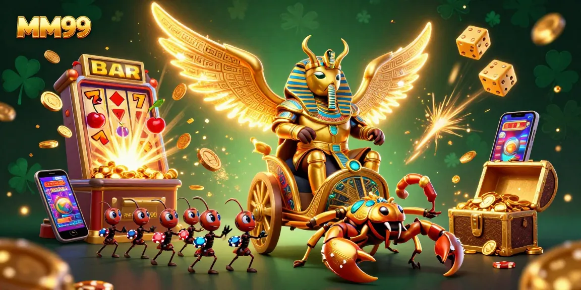 Experience the excitement at MM99 with this dazzling 3D illustration featuring a golden scarab and slot machine.
