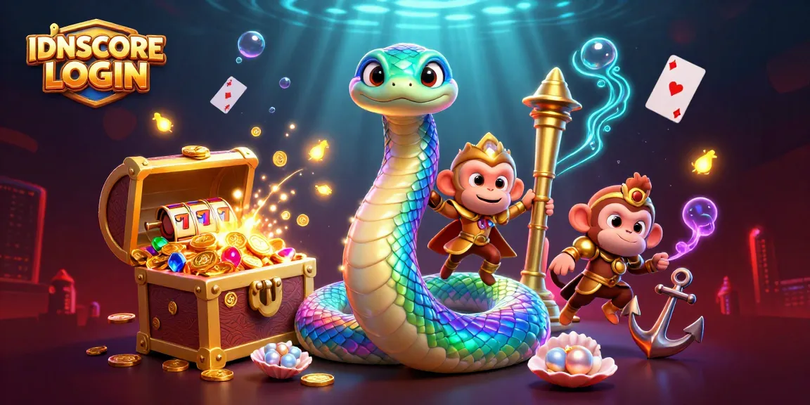 IDNSCORE LOGIN as a vibrant 3D illustration featuring a rainbow serpent and monkey king amid casino elements