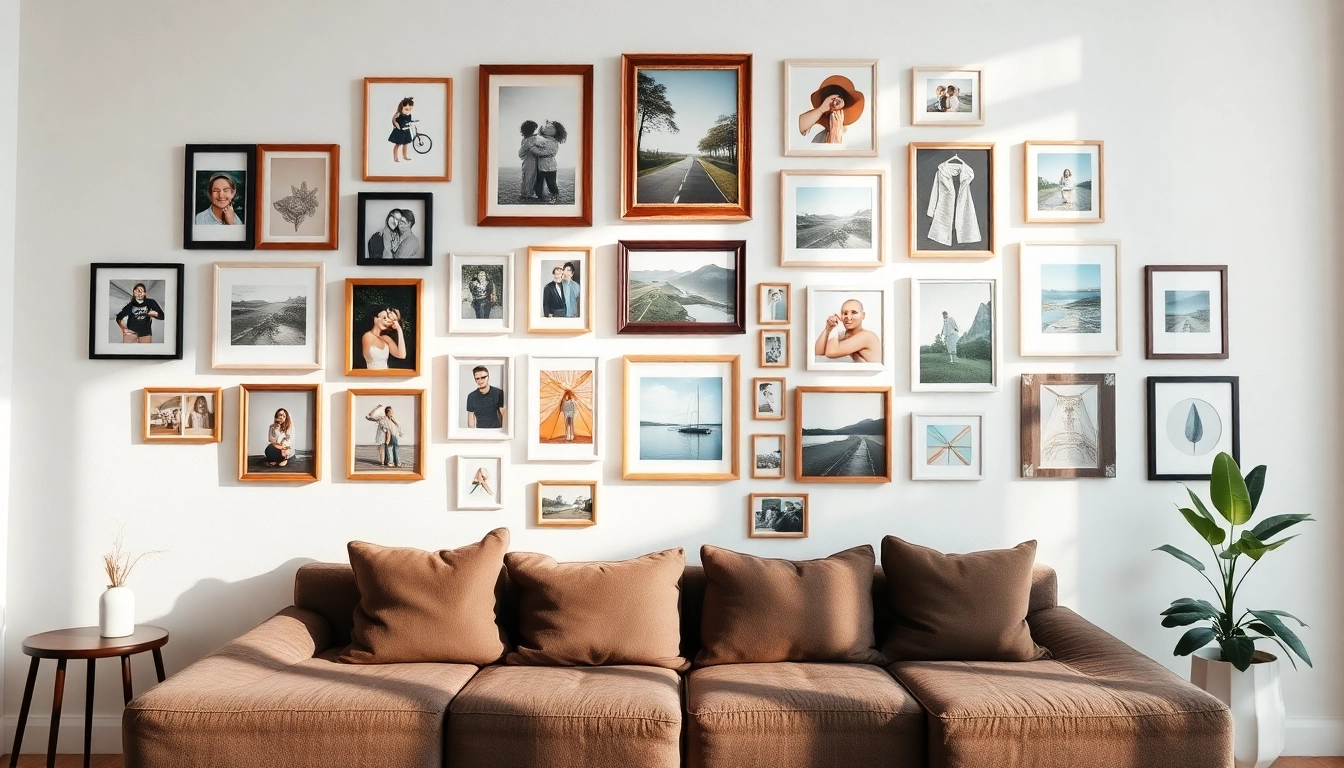 Create a stunning photo wall showcasing a mix of family and travel portraits.