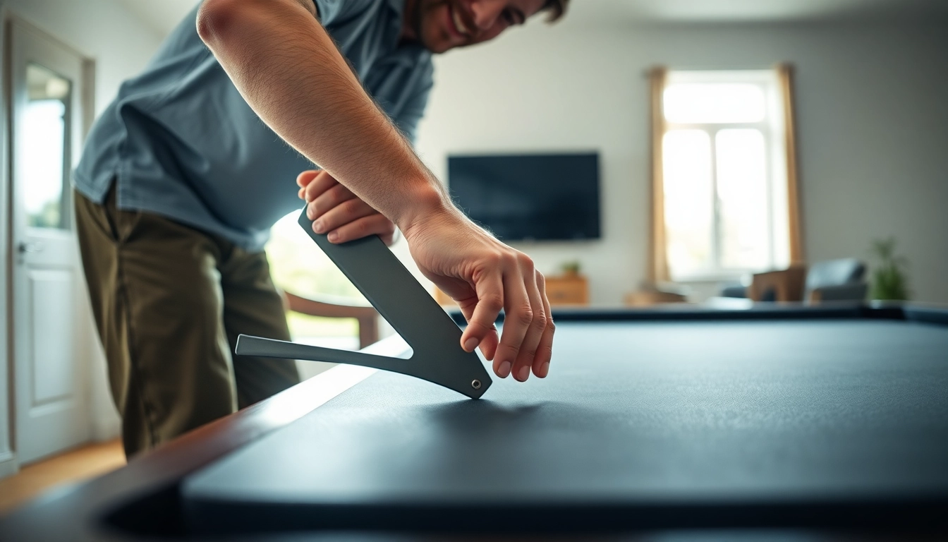 Pool table mover expertly disassembling a slate pool table in a bright room.