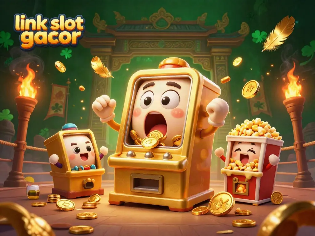 Experience winning excitement with link slot gacor featuring a golden slot machine hitting a jackpot amid cheering baby machines.