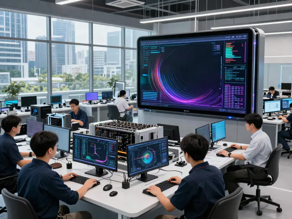 Diverse team collaborating in a high-tech AI factory environment, showcasing GPU computing advancements.