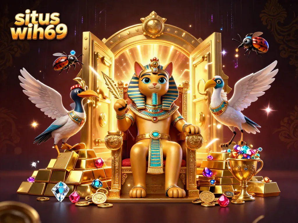 Gambarkan situs wih69 dengan kucing firaun dan elemen permainan kasino yang glamor.