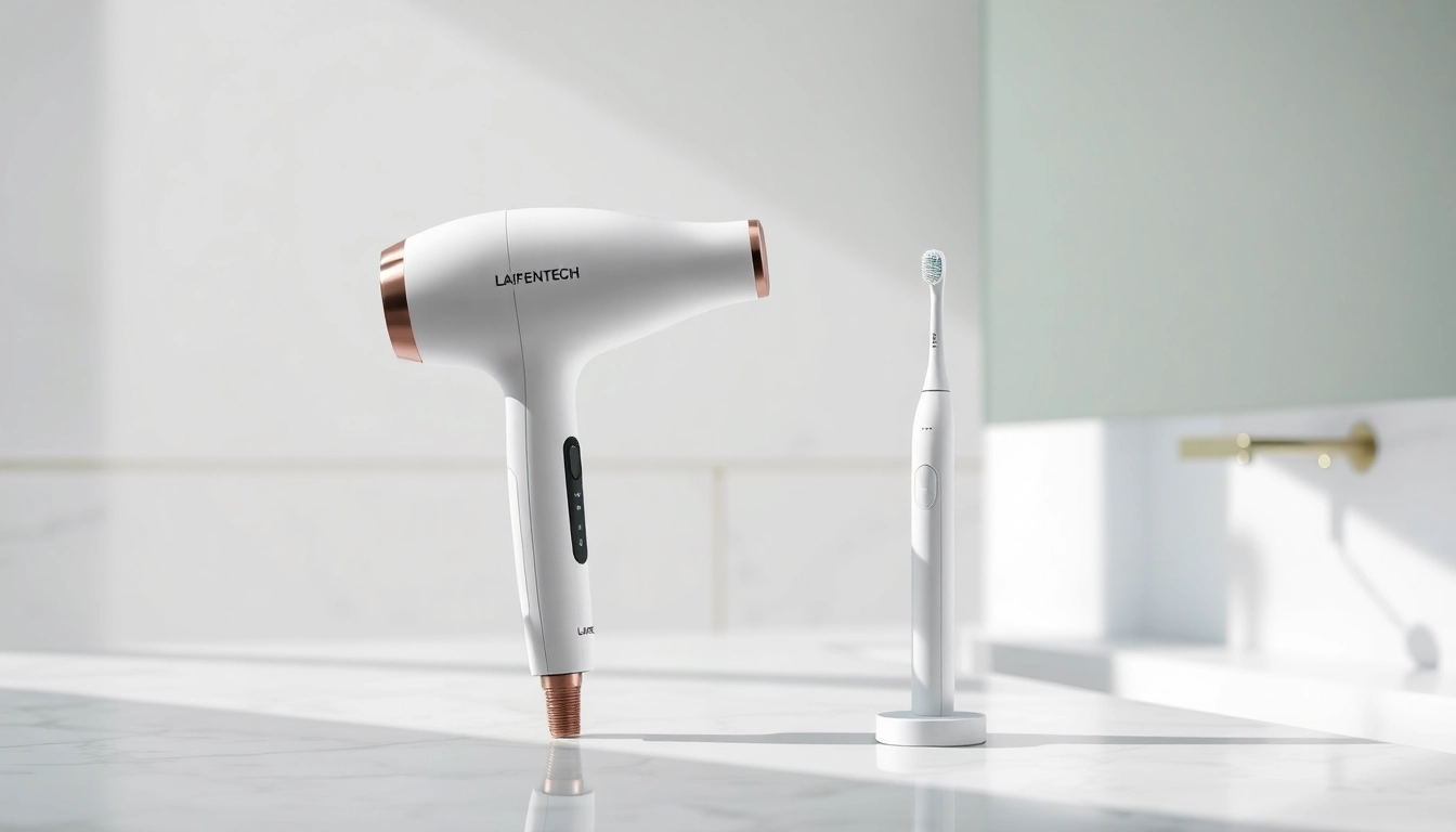 Laifentech hair dryer and electric toothbrush displayed elegantly on a marble countertop.