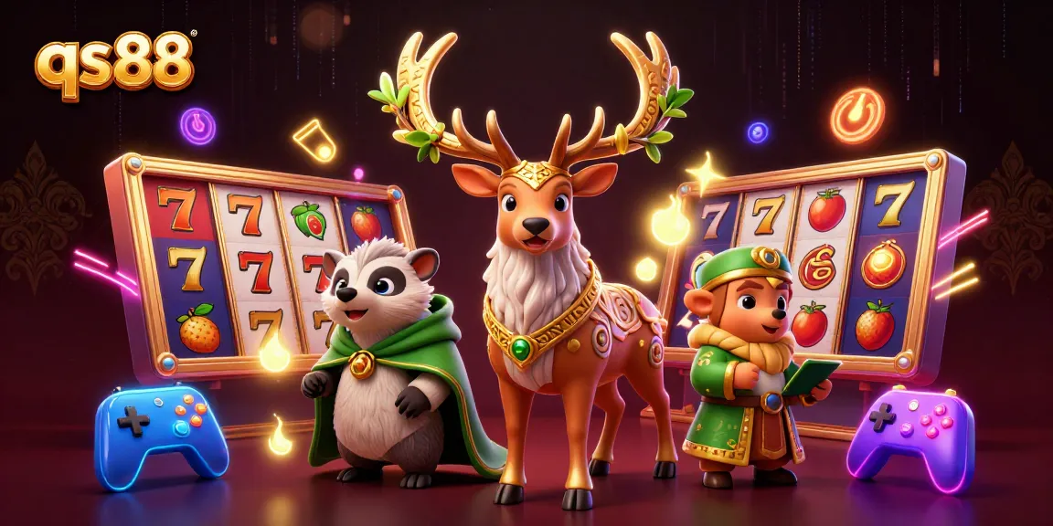Experience thrilling slots and jackpots with qs88's engaging gaming scene featuring vibrant characters and dynamic casino elements.
