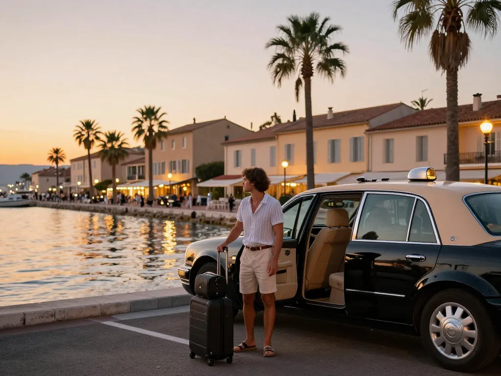 Scène de taxi à Saint-Tropez avec un voyageur prêt à monter dans un taxi de luxe au bord de l'eau au coucher du soleil.