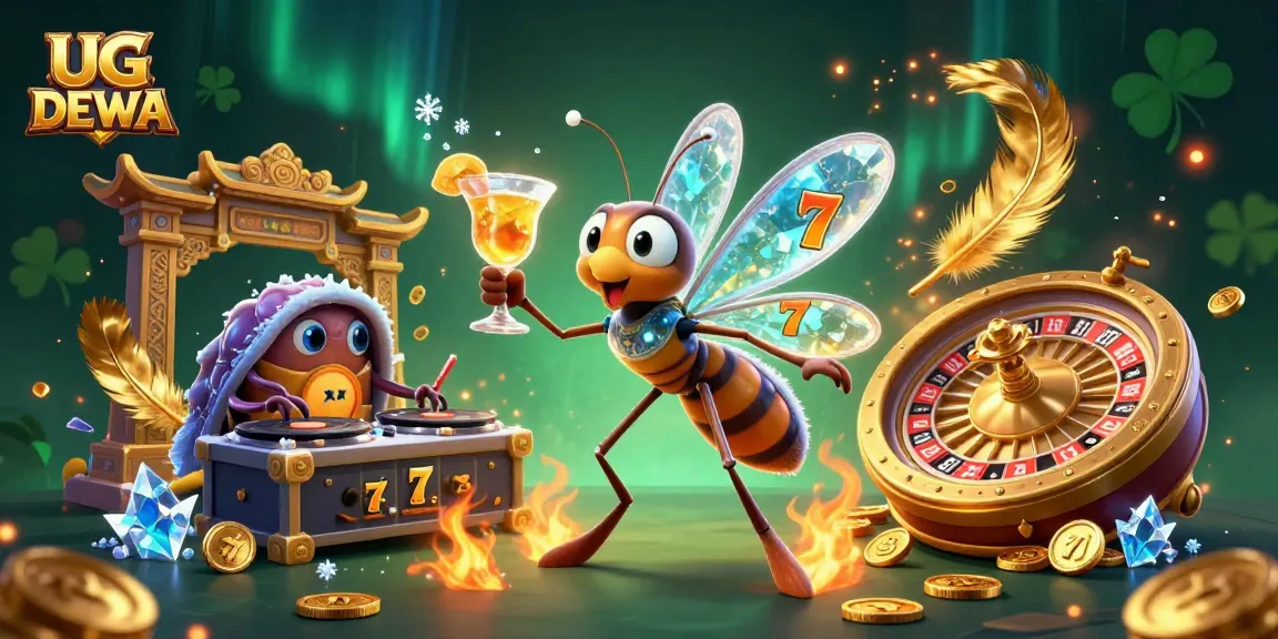 Experience thrilling gameplay at UG DEWA, with interactive slot reels and vibrant casino characters.