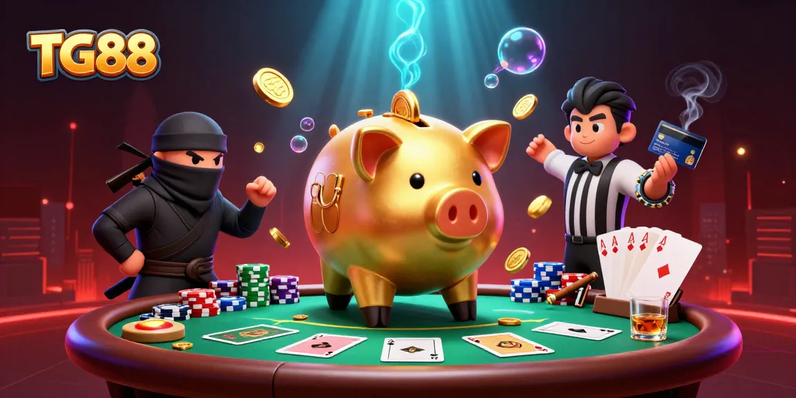 Bet and win at TG88 with a lively scene depicting a sumo wrestler piggy bank, wallet ninja, and samurai refereeing.