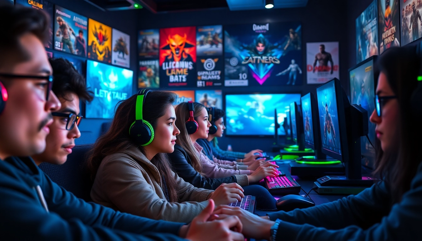Gamers enjoying free PC games with vibrant setups in a dynamic gaming lounge.