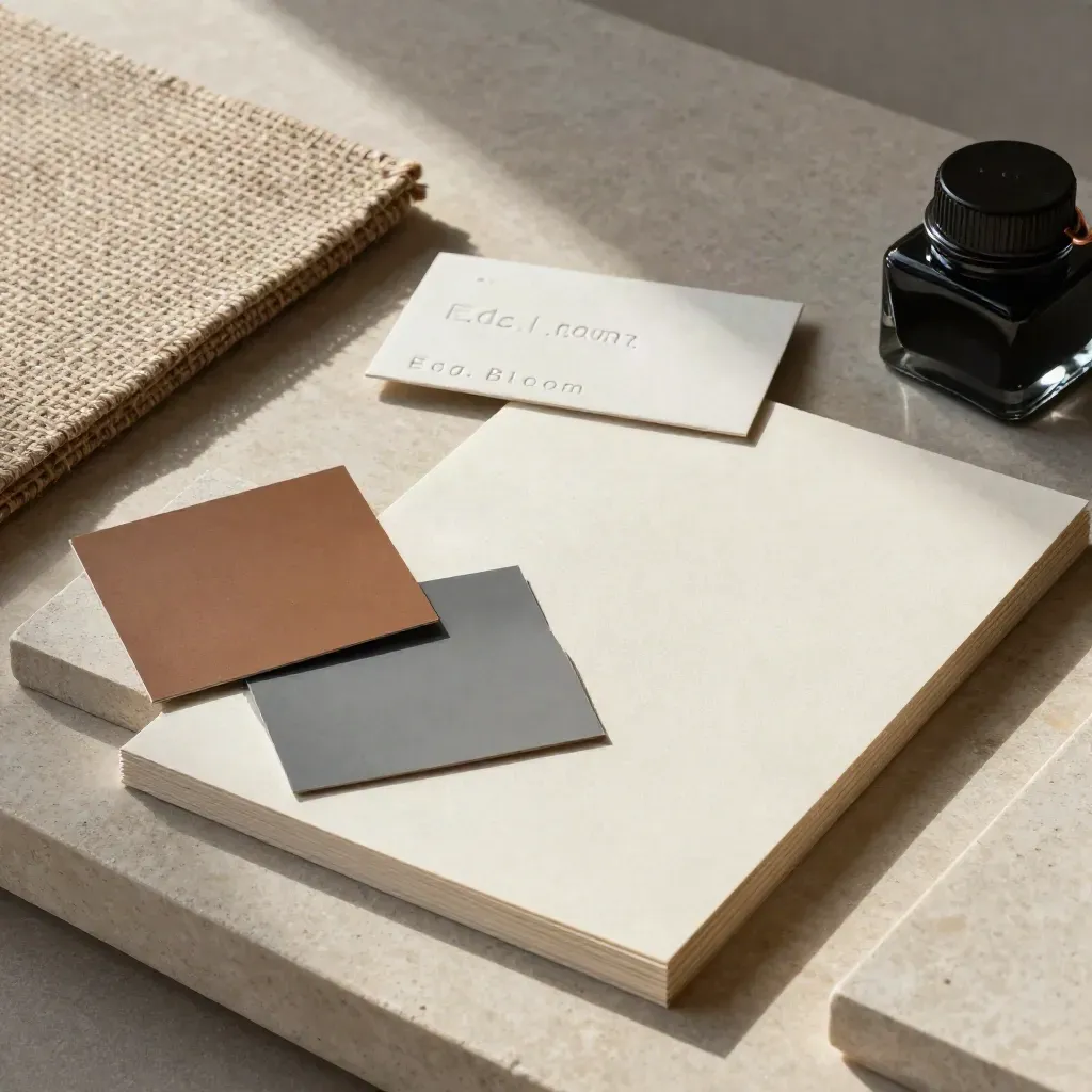Overhead flat lay of identity swatches, paper, embossed card, linen board and ink bottle on pale stone.