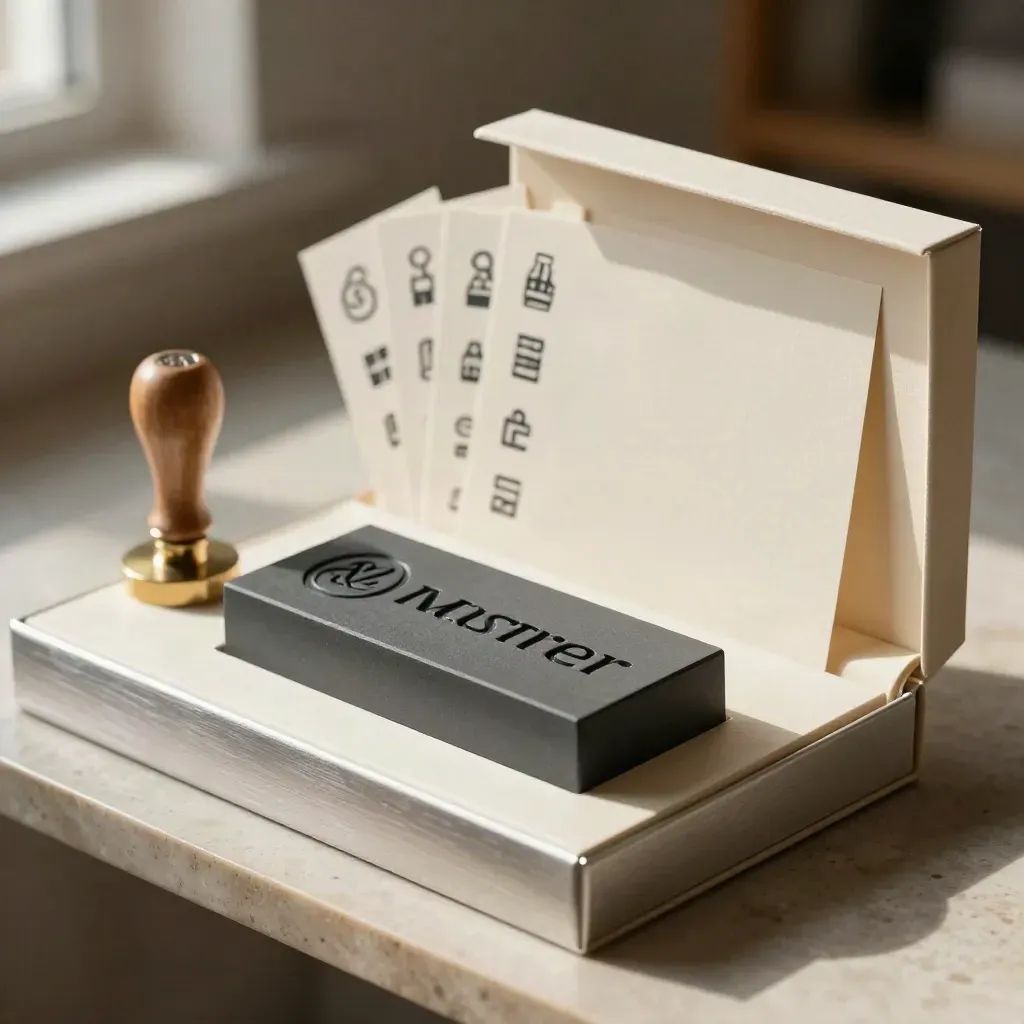 Charcoal logo system kit with cards, icon tiles, seal stamp and box on a pewter plinth.