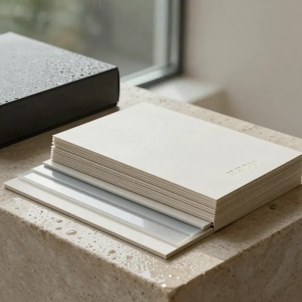 Rain-damp brand boards, swatches and charcoal mockups on stone in soft morning rim light.