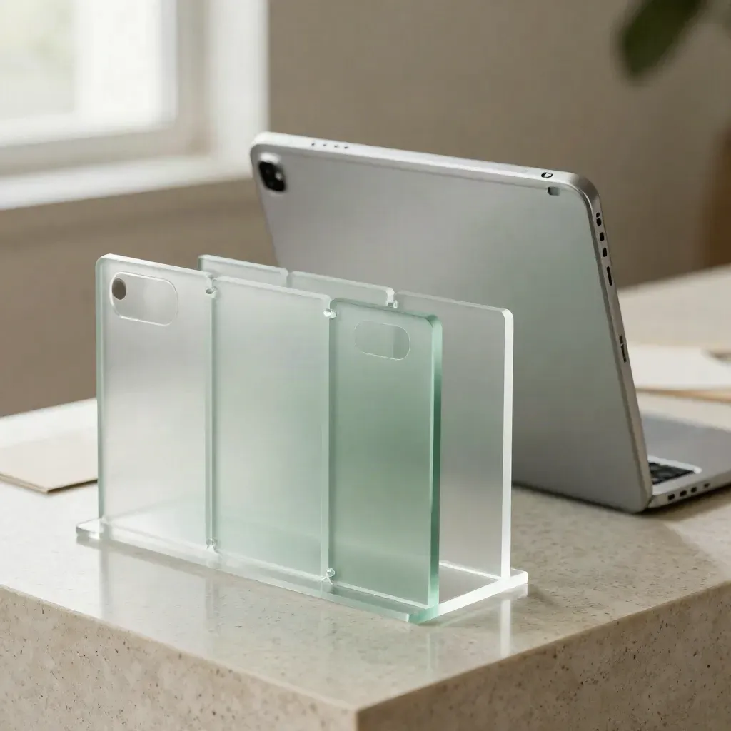 Frosted acrylic website layout blocks on travertine with sage reflections
