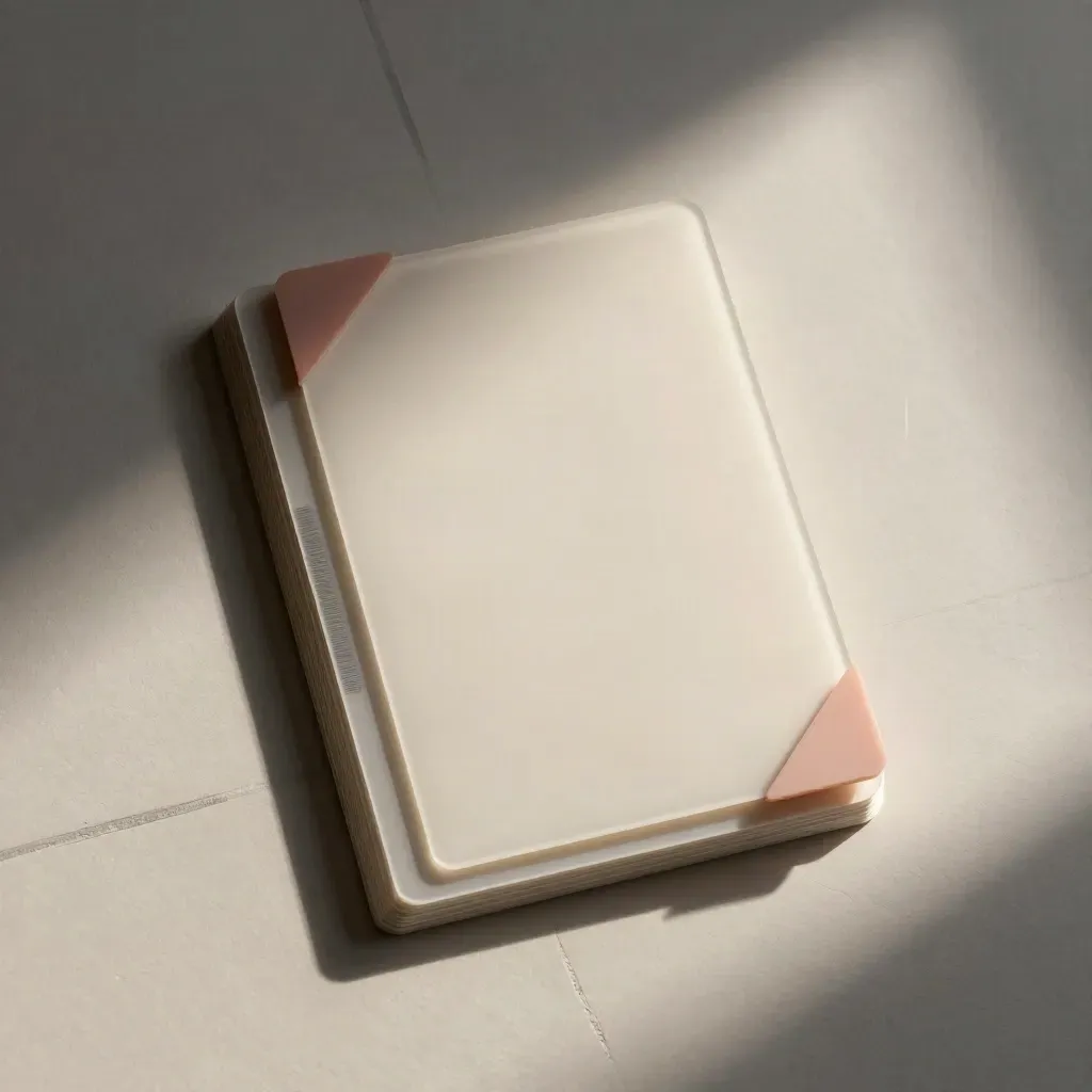 Overhead macro of blank social template boards, acetate layers, and magnetic strips in blush and ivory.
