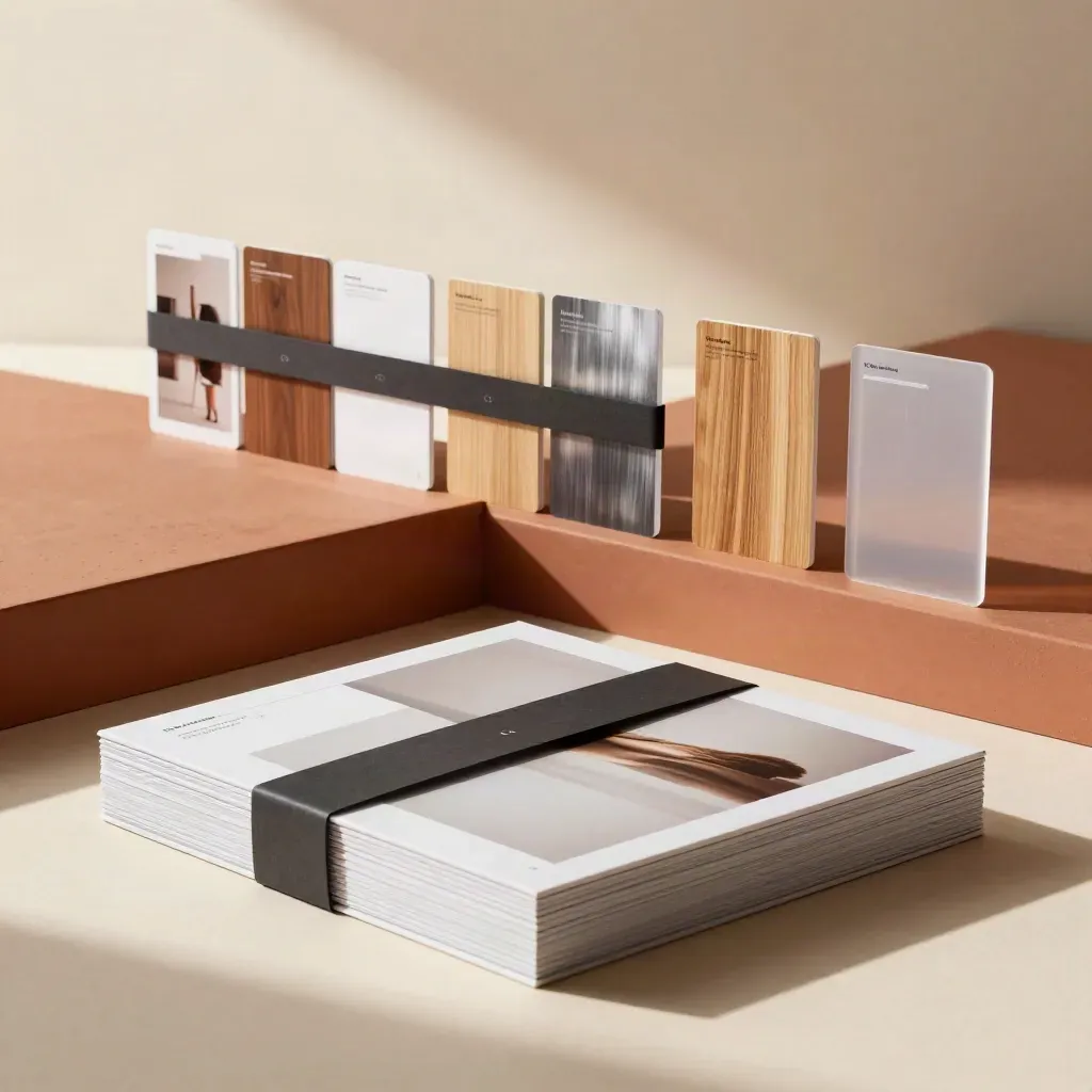 Launch campaign mockups, teaser cards, and a press box on a warm terracotta ledge.