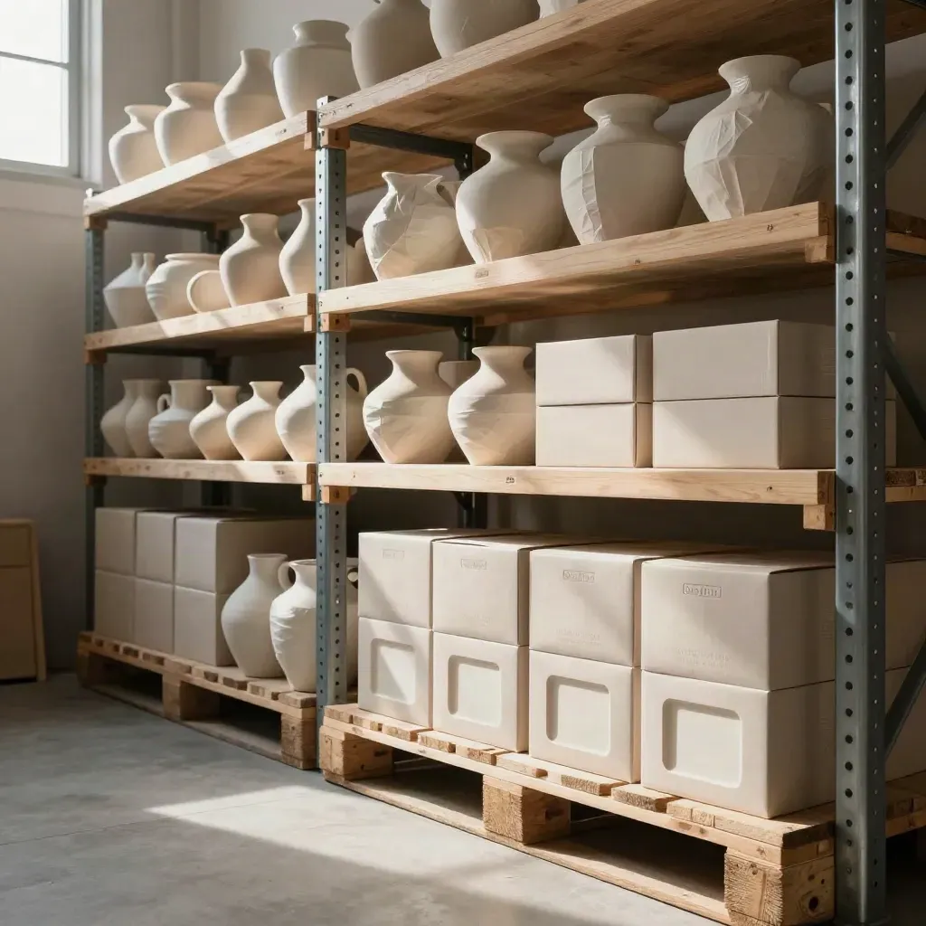 Ceramic stockist shipment staged on shelves and a pallet in a warm warehouse corner.