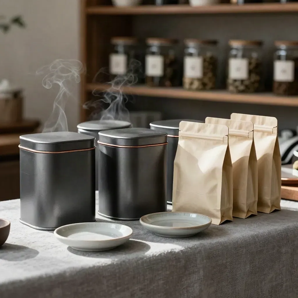 Charcoal tea tins, cream pouches, and tasting trays on a linen-lined shelf with steam.