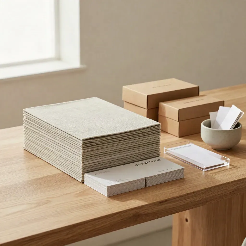 Portfolio case, sample boxes, and identity boards on a sunlit studio bench