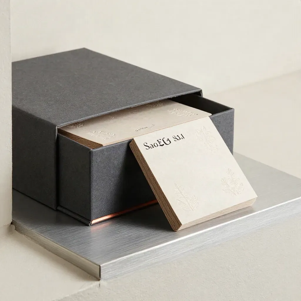 Premium rebrand kit with gift box, sleeves, and social cards on a steel plinth.