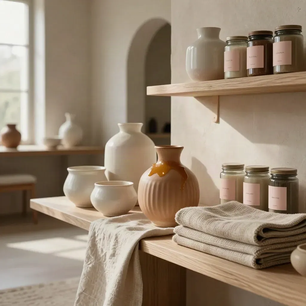 Blush-labeled ceramics, lit candle, and woven textiles on a sunlit boutique shelf.