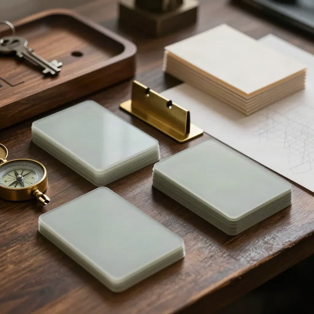 Sage planning cards, brass dividers, and a small compass on a walnut strategy surface.