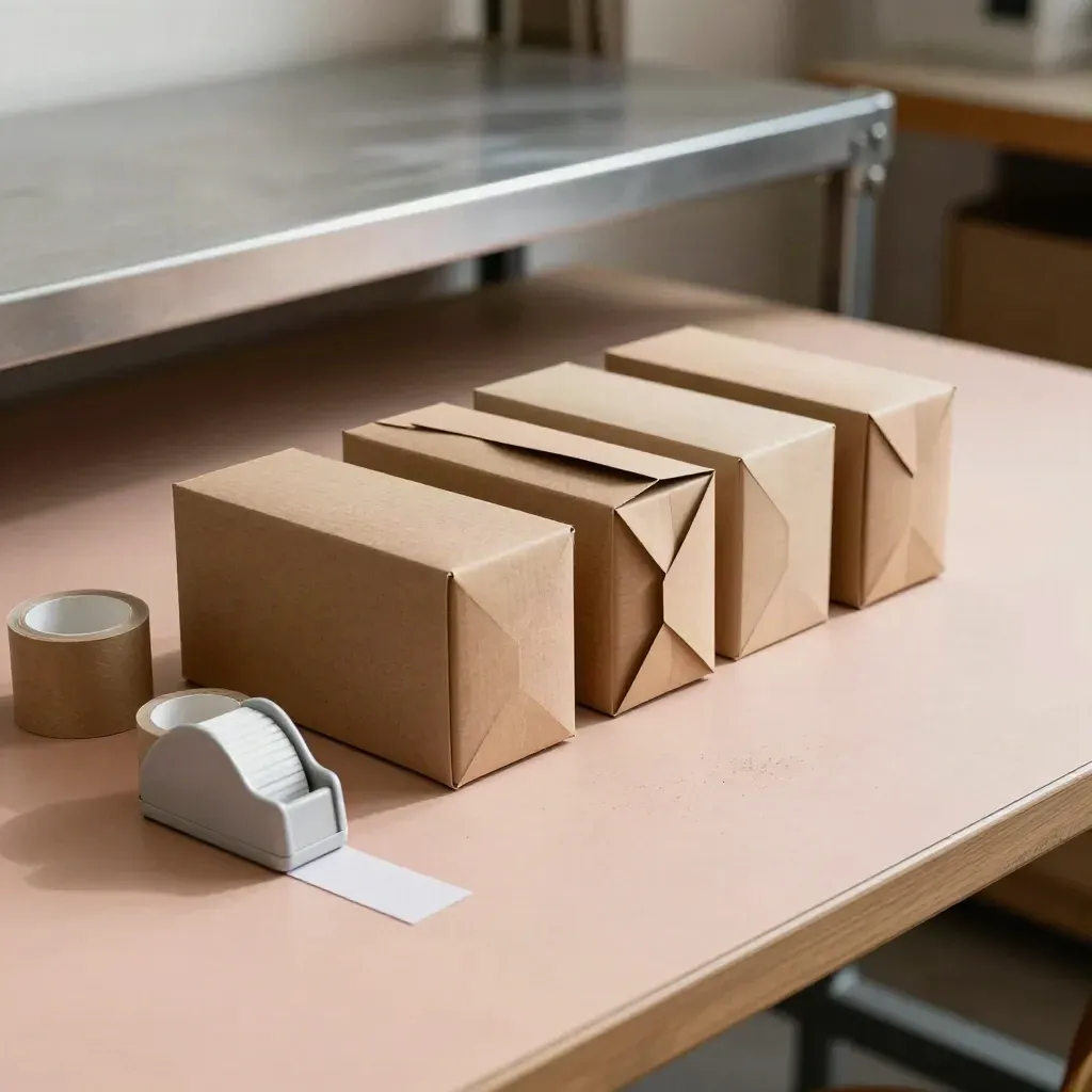 Packing bench with cartons, mailers, tape rolls and a label dispenser in soft daylight.