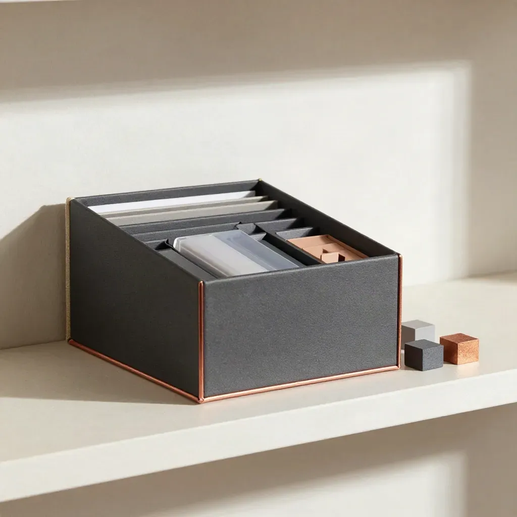 Archive box, tabbed dividers, thumb drive and color chips on a pale plaster shelf