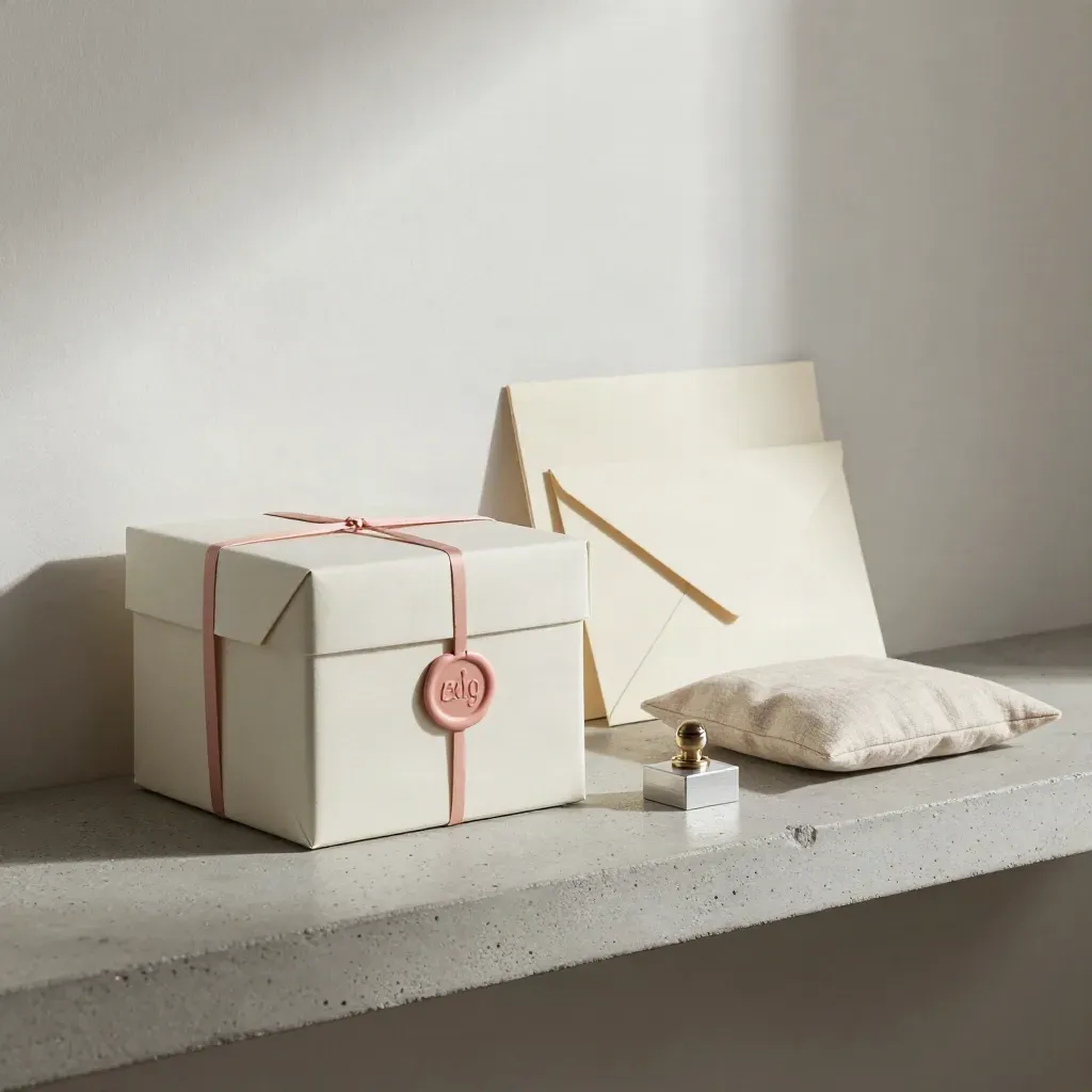 Wrapped delivery box, sealed envelope, seal block and pouch on a stone shelf in soft side light.
