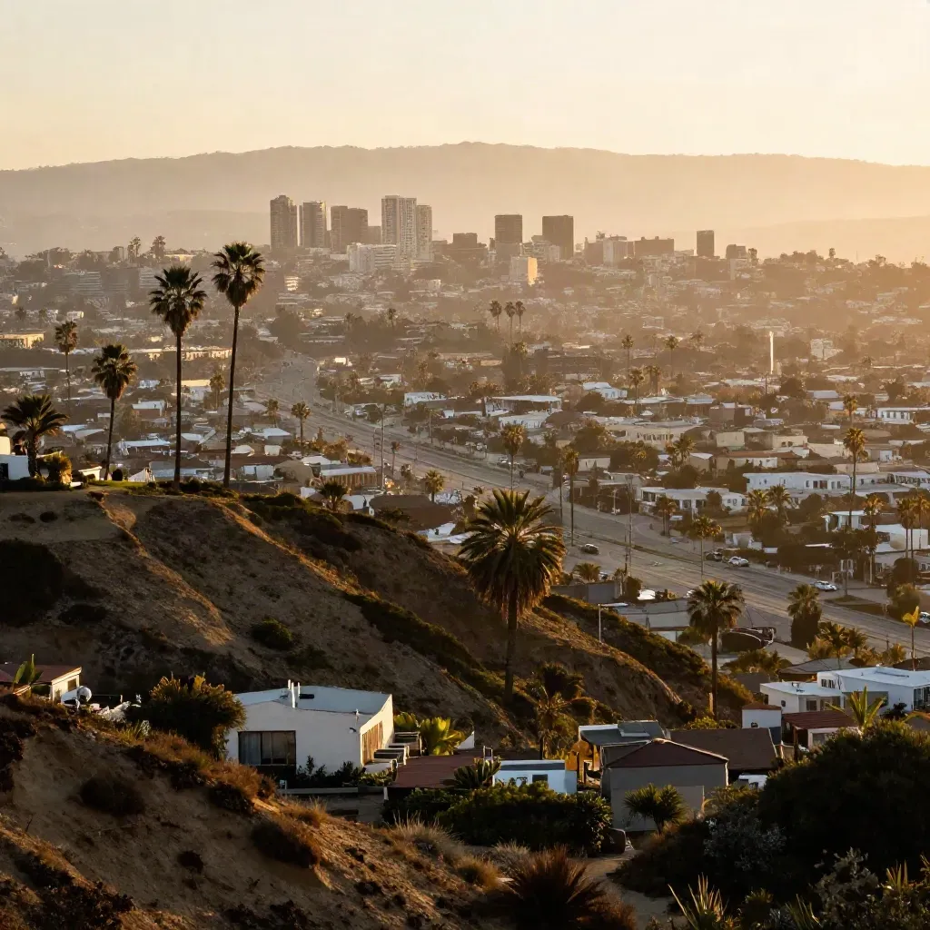 Golden-hour Los Angeles Basin seen from a hillside overlook, palms and low roofs in warm haze.