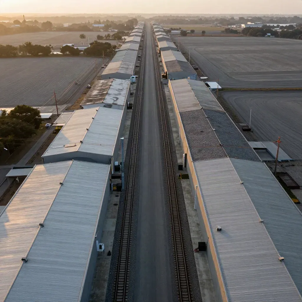 Aerial view of pale rooftops, rail lines and highways fading into sunset haze.