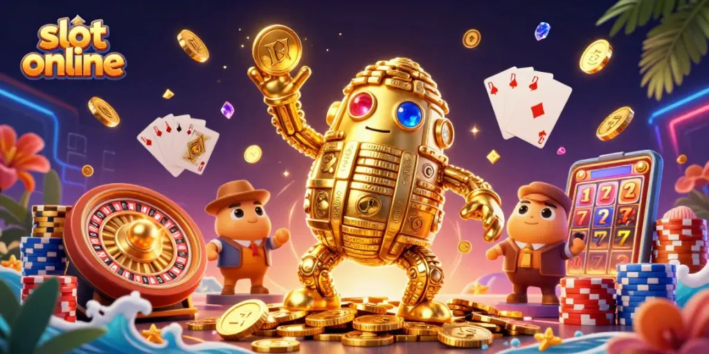 Experience thrilling slot online action with a vibrant 3D golden golem in a casino scene.