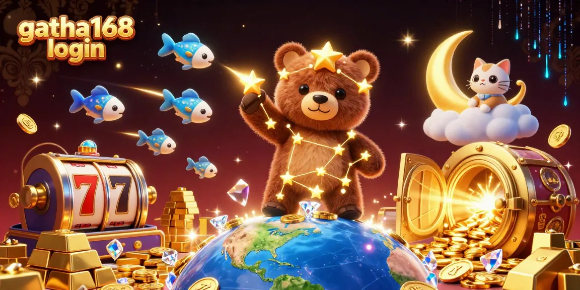 Play and win big with gacha168 login showcasing a constellation bear in a vibrant casino scene.