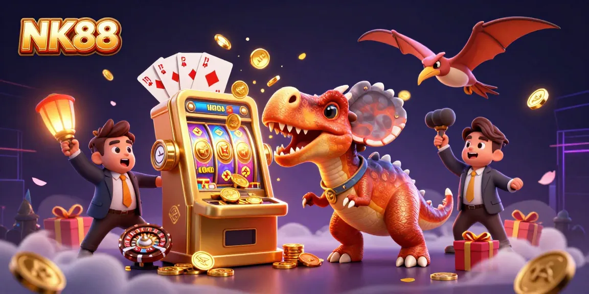 NK88 evolves gaming as a pachycephalosaurus hits a slot machine, cashing in golden coins.