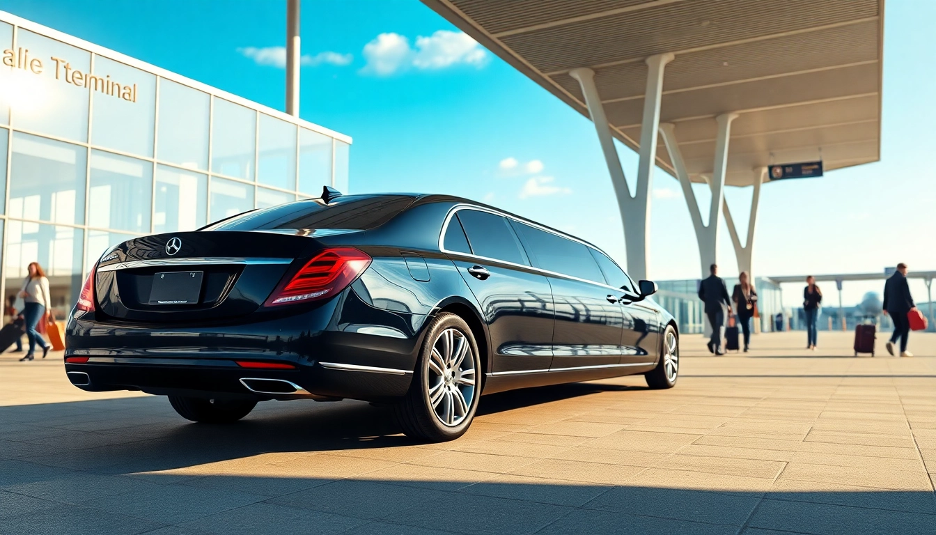 High-end airport limo parked at a terminal, inviting travelers for safe transport.