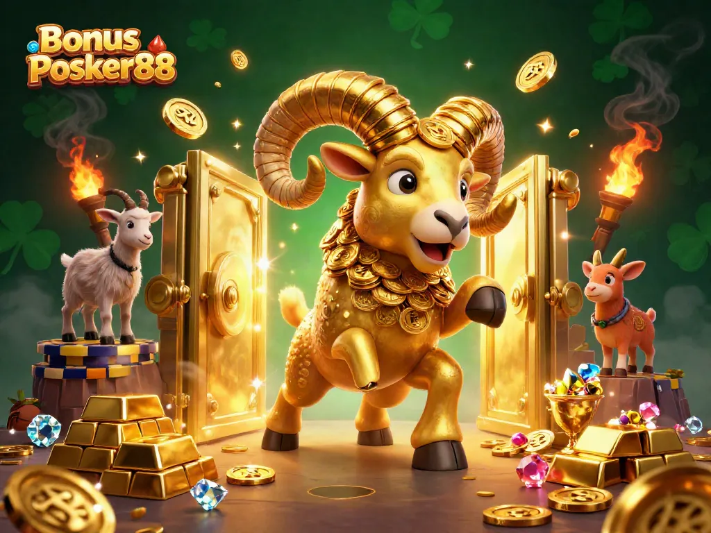 Engage with Bonus Poker88 through an exciting 3D illustration of a golden ram charging at a treasure vault.