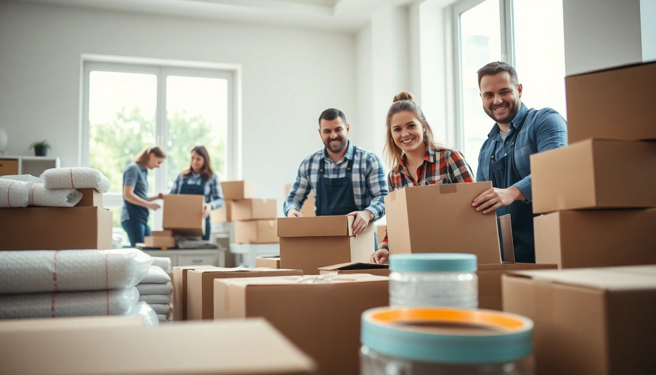 Team professionals providing reliable Professional Packing Services in a bright, organized living room.