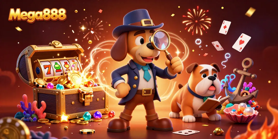 Experience thrilling gameplay with mega888 as the brave detective uncovers treasure while examining poker chips in a vibrant scene.