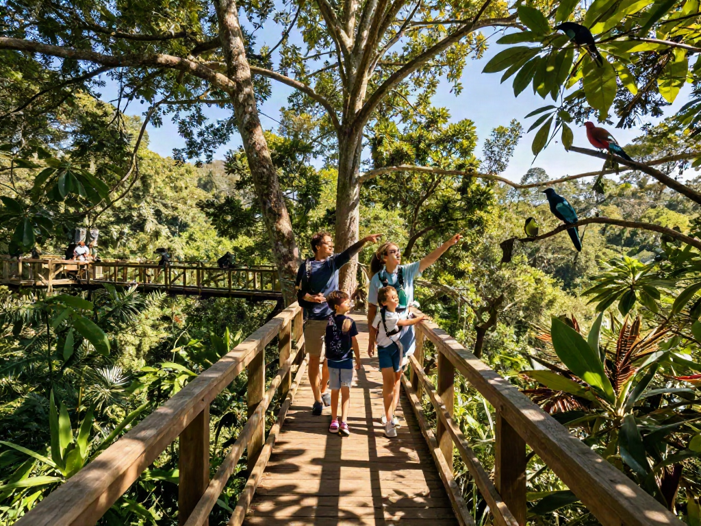 Treetop Walkway experience with a family exploring nature and wildlife in a lush forest setting