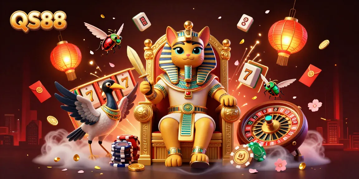 Experience the thrill of casino games at QS88 with a vibrant 3D illustration of a pharaoh cat surrounded by dynamic gaming elements.