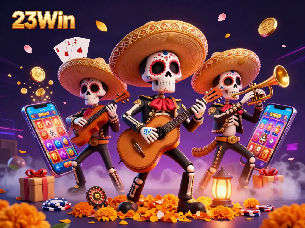 Engage with 23Win in a vibrant 3D illustration featuring mariachi skeletons and casino elements.