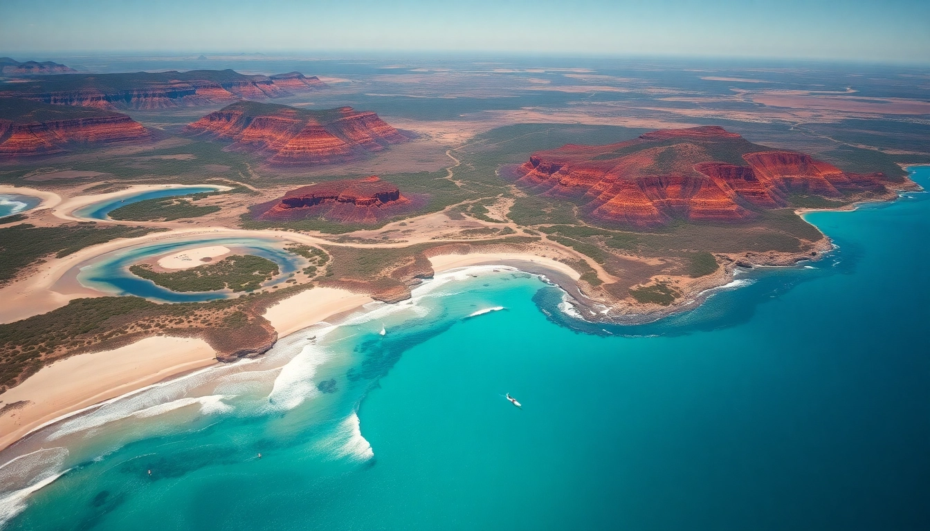 Explore Australia’s diverse landscapes with vibrant beaches and rugged outback in a stunning aerial view.